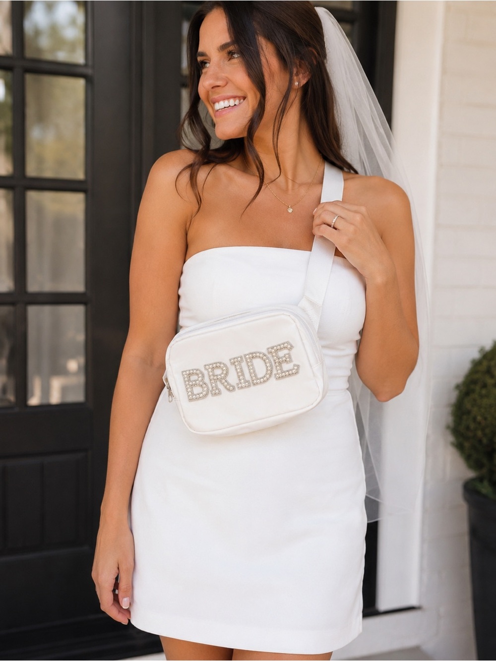 White Bride Belt‎ Bag Faux Pearl Rhinestone Bachelorette Fanny Pack Crossbody